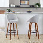 Matisse High Back 30" Fixed-Height Barstool - Set of 2 - Walnut Wood, Grey Fabric, Black Metal