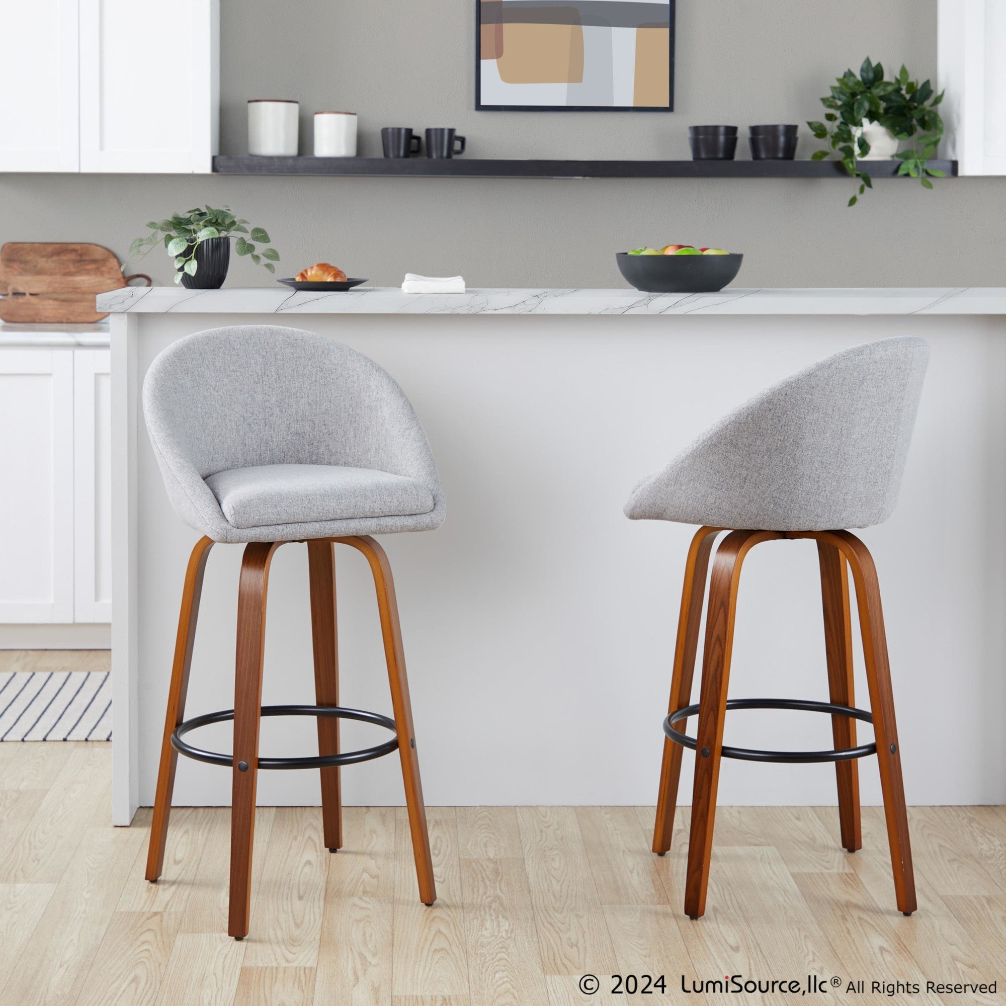 Matisse High Back 30" Fixed-Height Barstool - Set of 2 - Walnut Wood, Grey Fabric, Black Metal