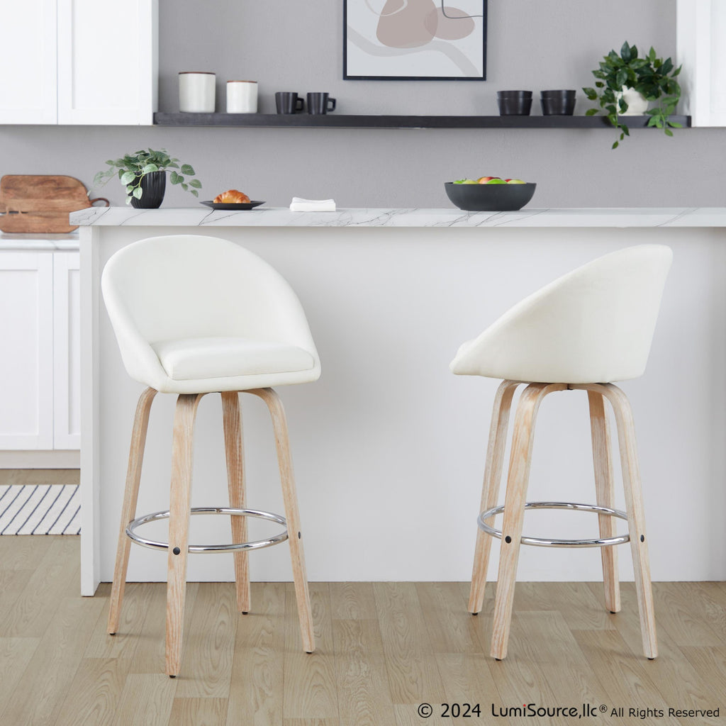 Matisse High Back 30" Fixed-Height Barstool - Set of 2 - Whitewashed Wood, Cream Fabric, Chrome Metal