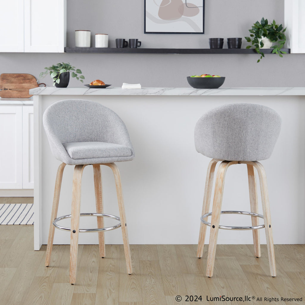 Matisse High Back 30" Fixed-Height Barstool - Set of 2 - Whitewashed Wood, Grey Fabric, Chrome Metal