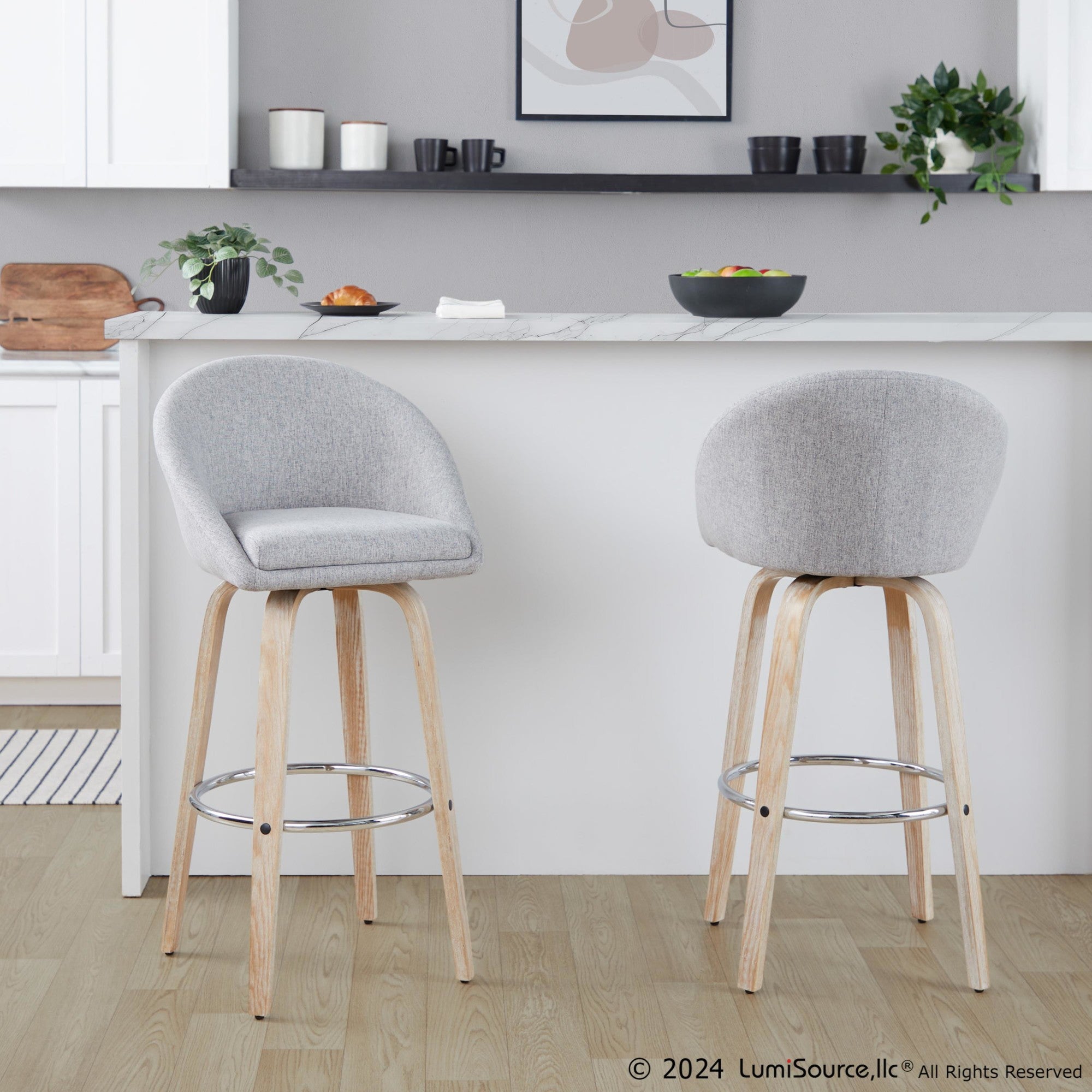 Matisse High Back 30" Fixed-Height Barstool - Set of 2 - Whitewashed Wood, Grey Fabric, Chrome Metal