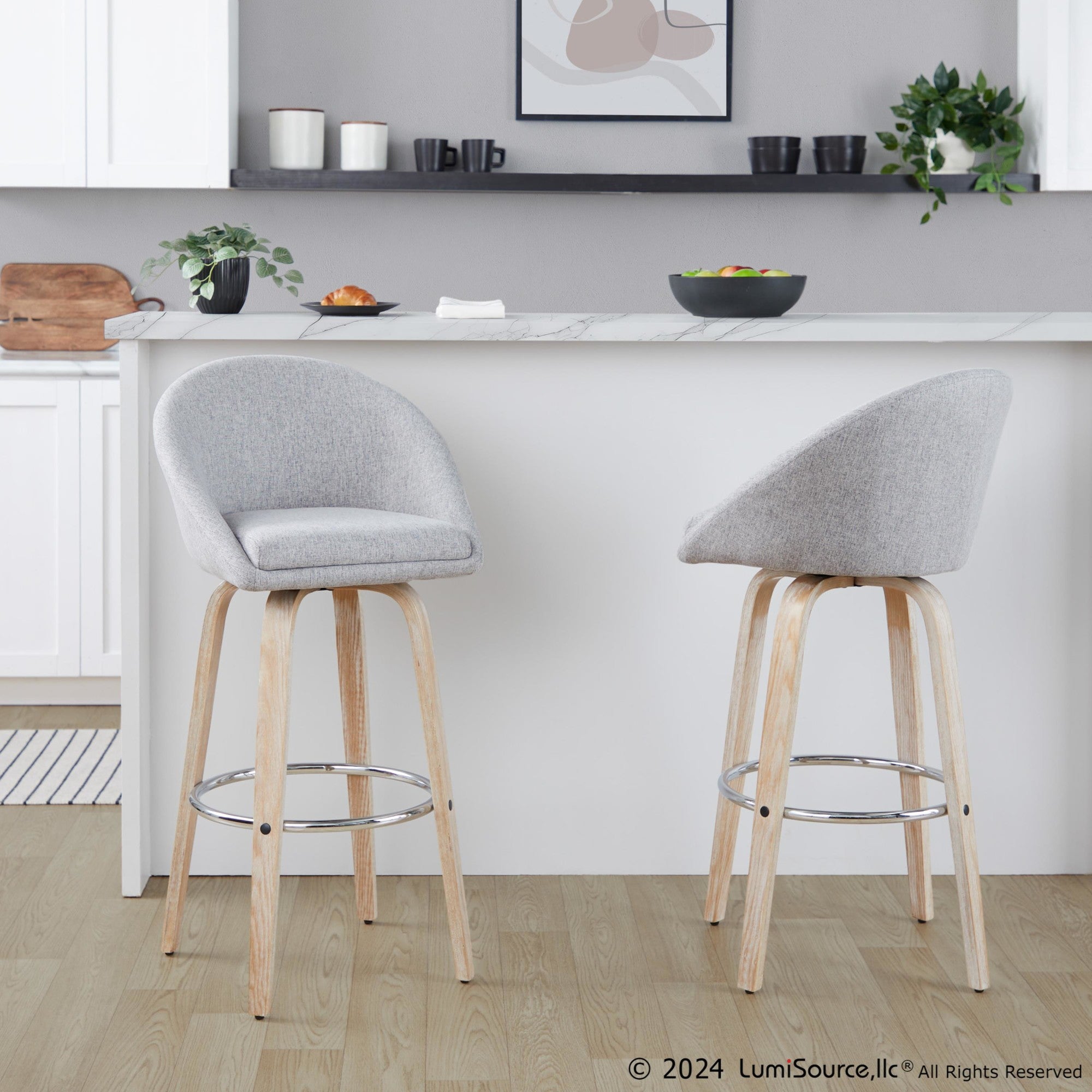 Matisse High Back 30" Fixed-Height Barstool - Set of 2 - Whitewashed Wood, Grey Fabric, Chrome Metal