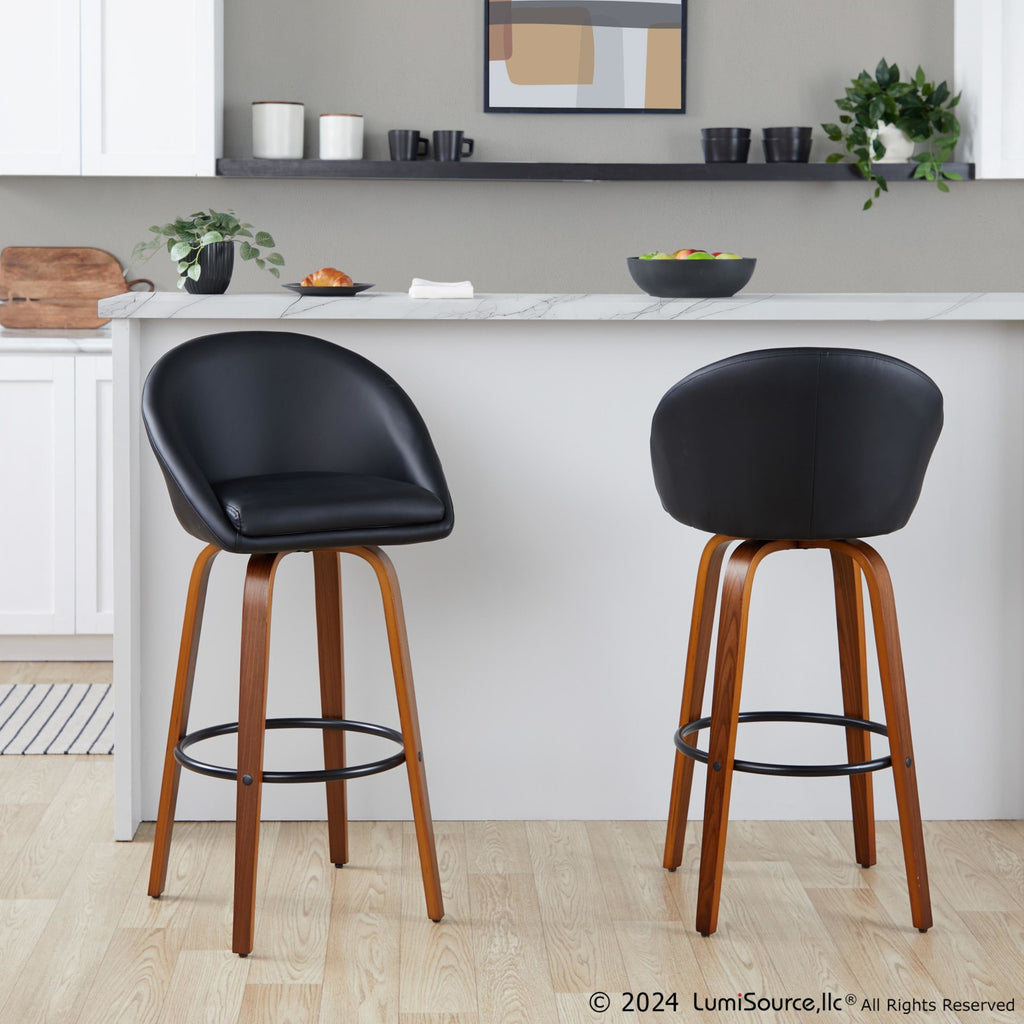Matisse High Back 30" Fixed-Height Barstool - Set of 2 - Walnut Wood, Black PU, Black Metal