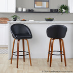 Matisse High Back 30" Fixed-Height Barstool - Set of 2 - Walnut Wood, Black PU, Black Metal