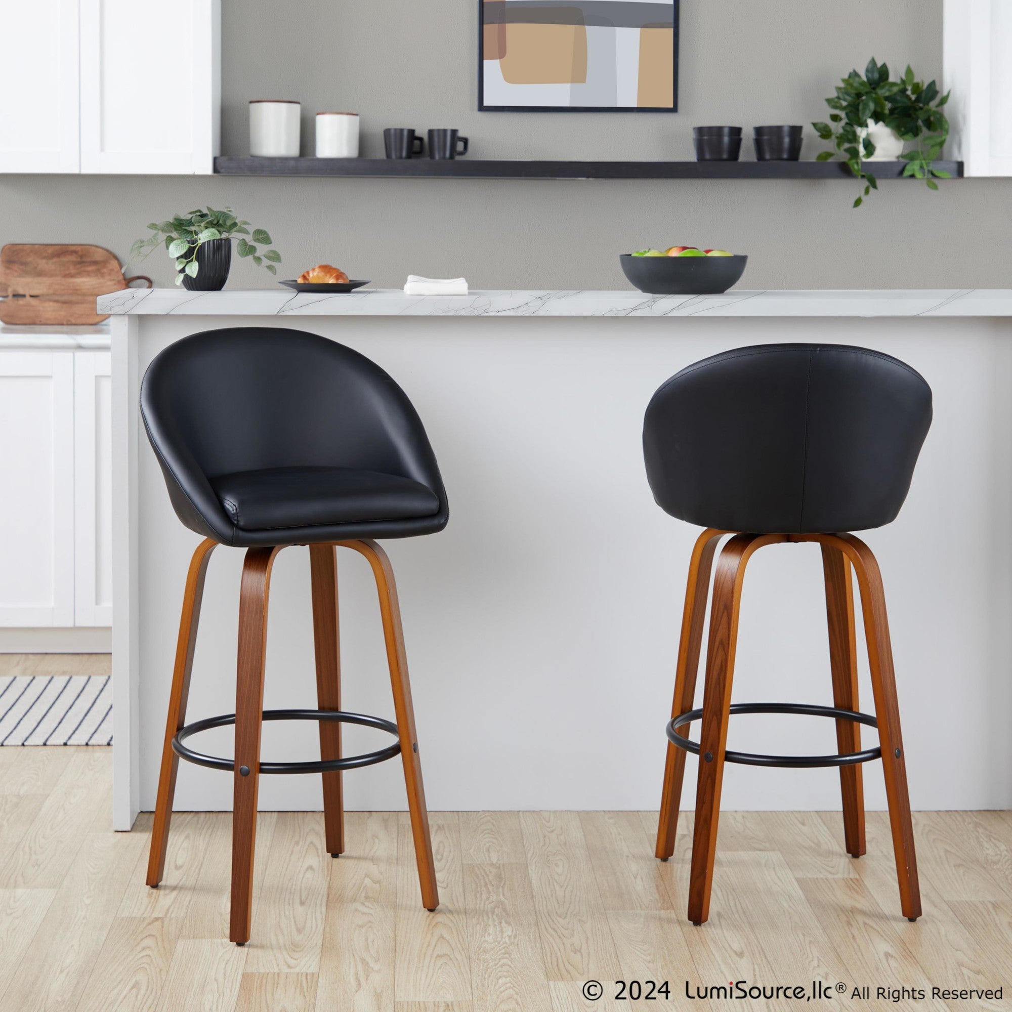 Matisse High Back 30" Fixed-Height Barstool - Set of 2 - Walnut Wood, Black PU, Black Metal