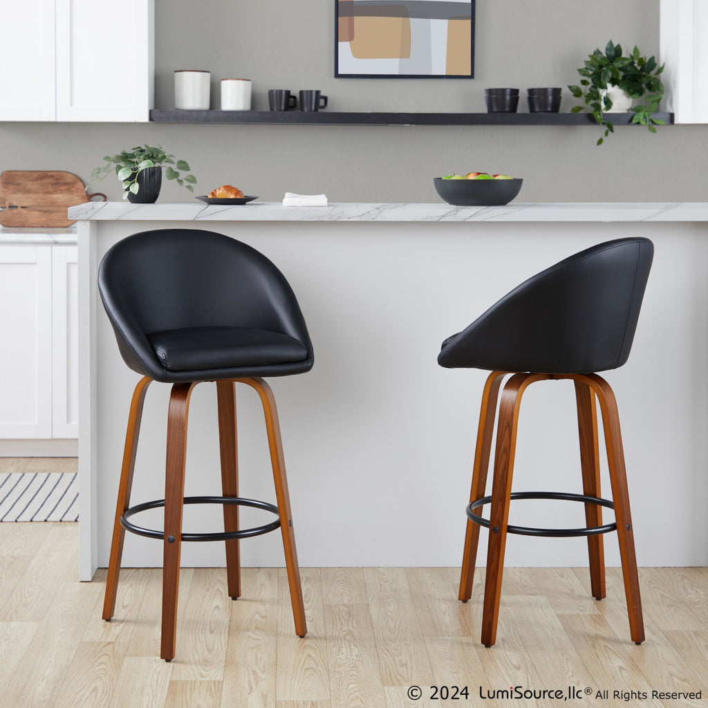 Matisse High Back 30" Fixed-Height Barstool - Set of 2 - Walnut Wood, Black PU, Black Metal