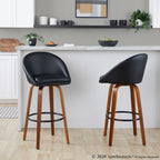 Matisse High Back 30" Fixed-Height Barstool - Set of 2 - Walnut Wood, Black PU, Black Metal