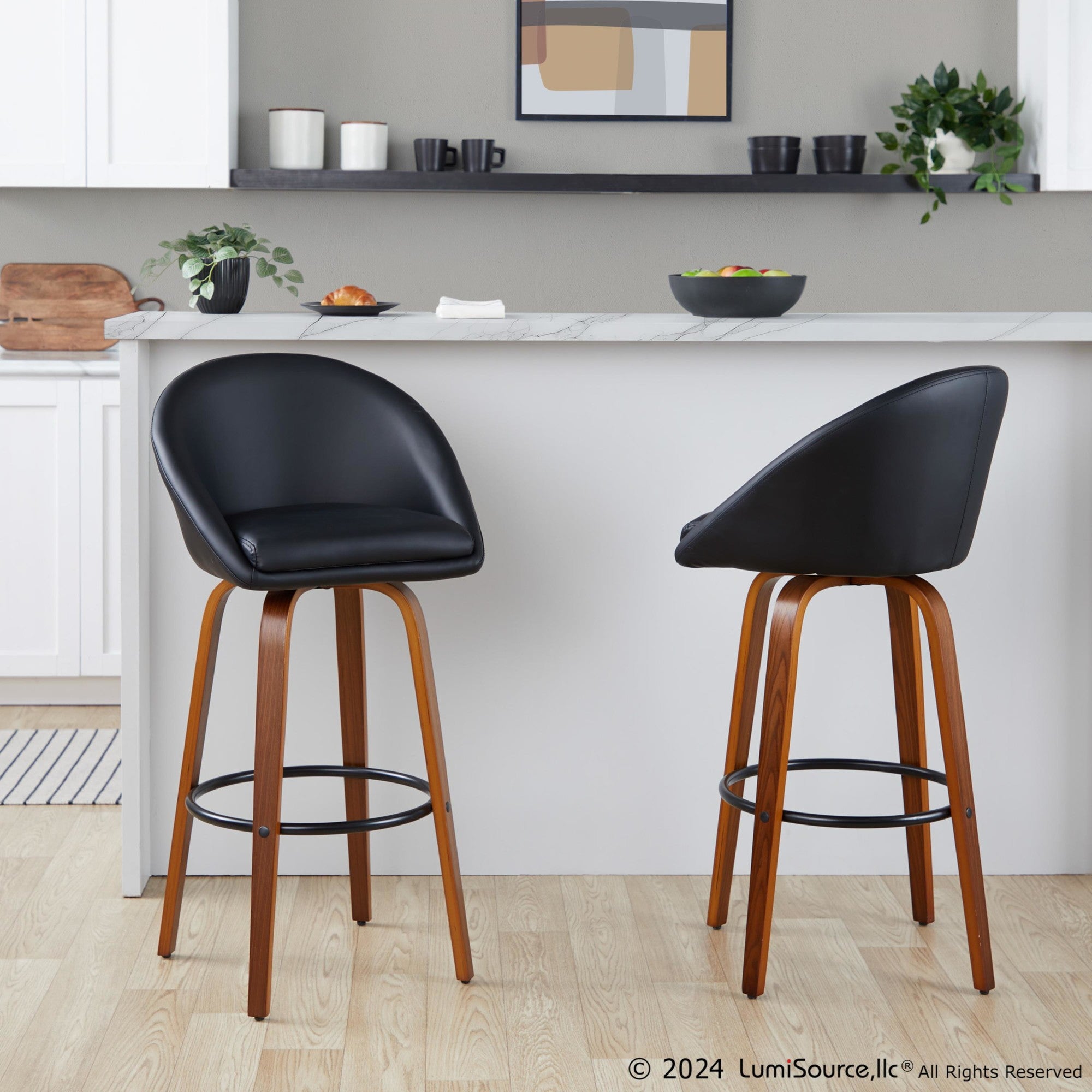 Matisse High Back 30" Fixed-Height Barstool - Set of 2 - Walnut Wood, Black PU, Black Metal
