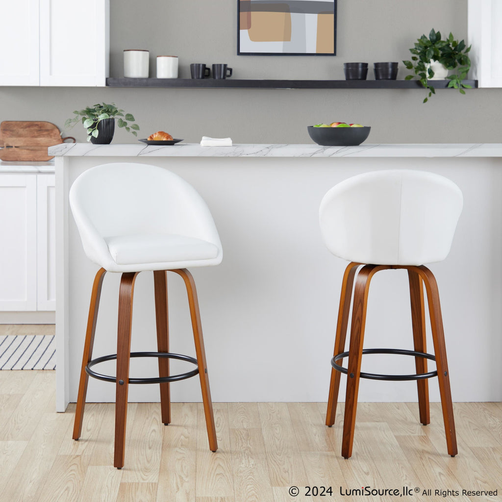 Matisse High Back 30" Fixed-Height Barstool - Set of 2 - Walnut Wood, White PU, Black Metal