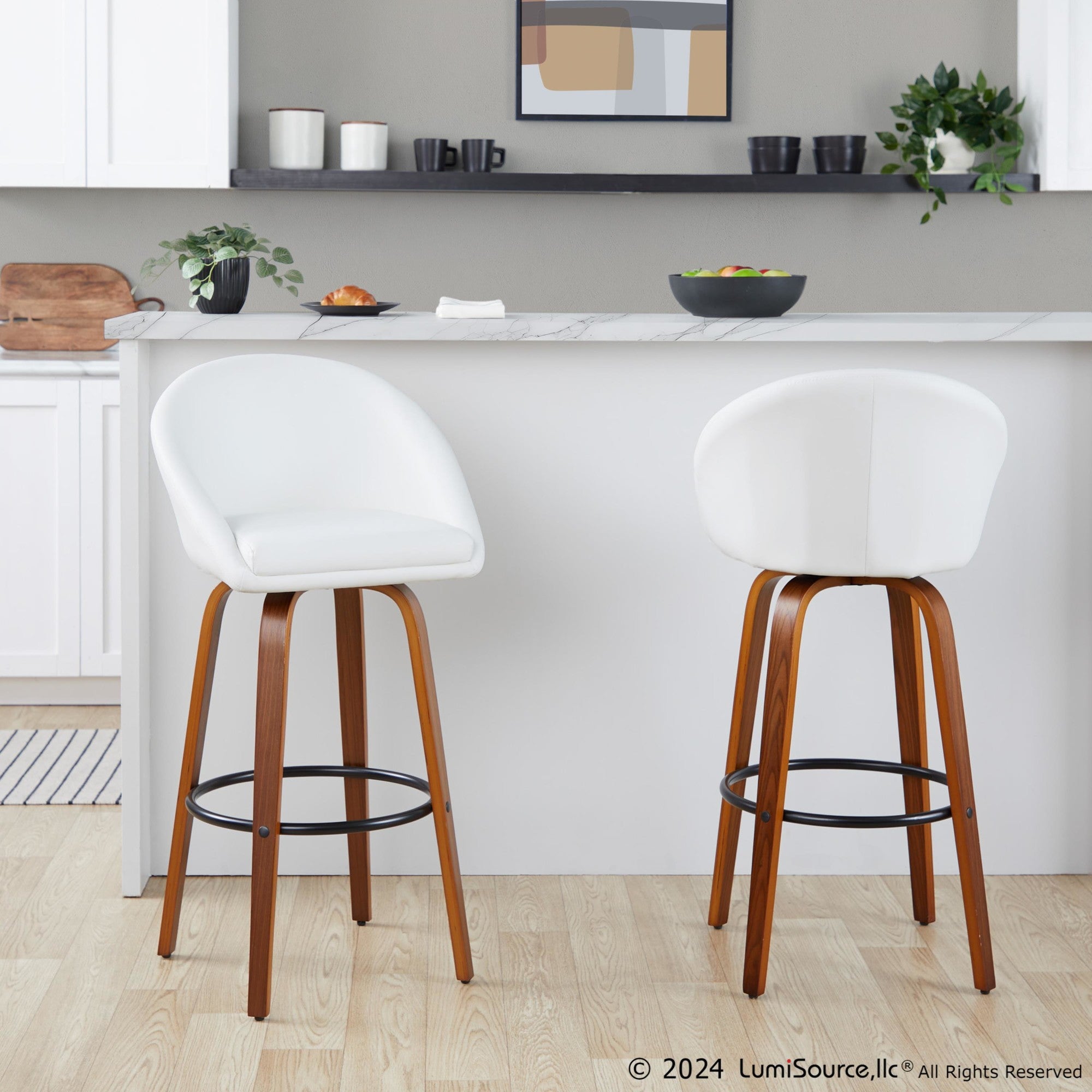 Matisse High Back 30" Fixed-Height Barstool - Set of 2 - Walnut Wood, White PU, Black Metal