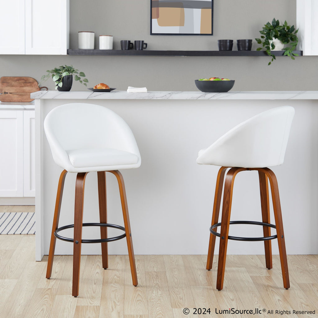 Matisse High Back 30" Fixed-Height Barstool - Set of 2 - Walnut Wood, White PU, Black Metal