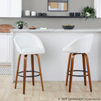 Matisse High Back 30" Fixed-Height Barstool - Set of 2 - Walnut Wood, White PU, Black Metal