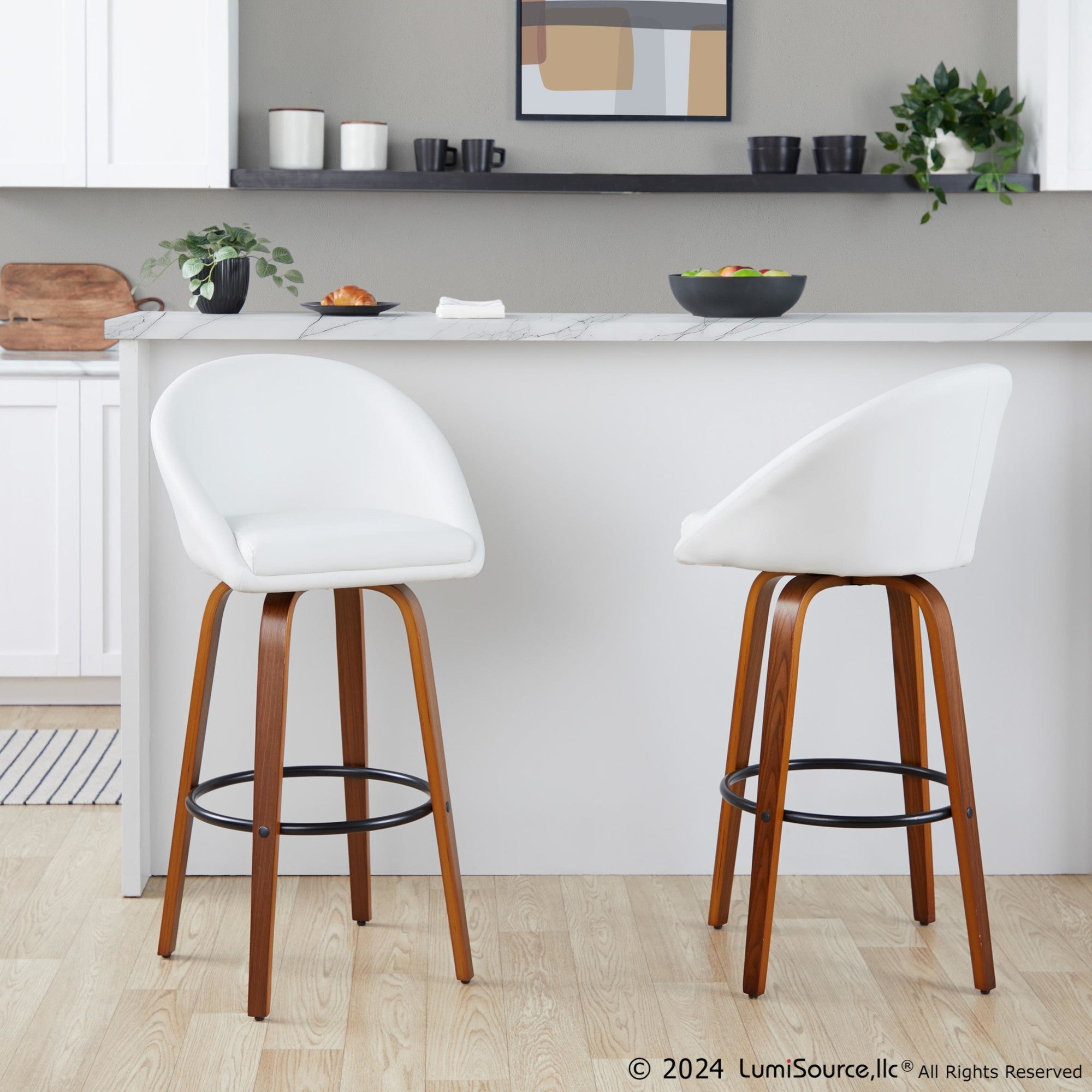 Matisse High Back 30" Fixed-Height Barstool - Set of 2 - Walnut Wood, White PU, Black Metal