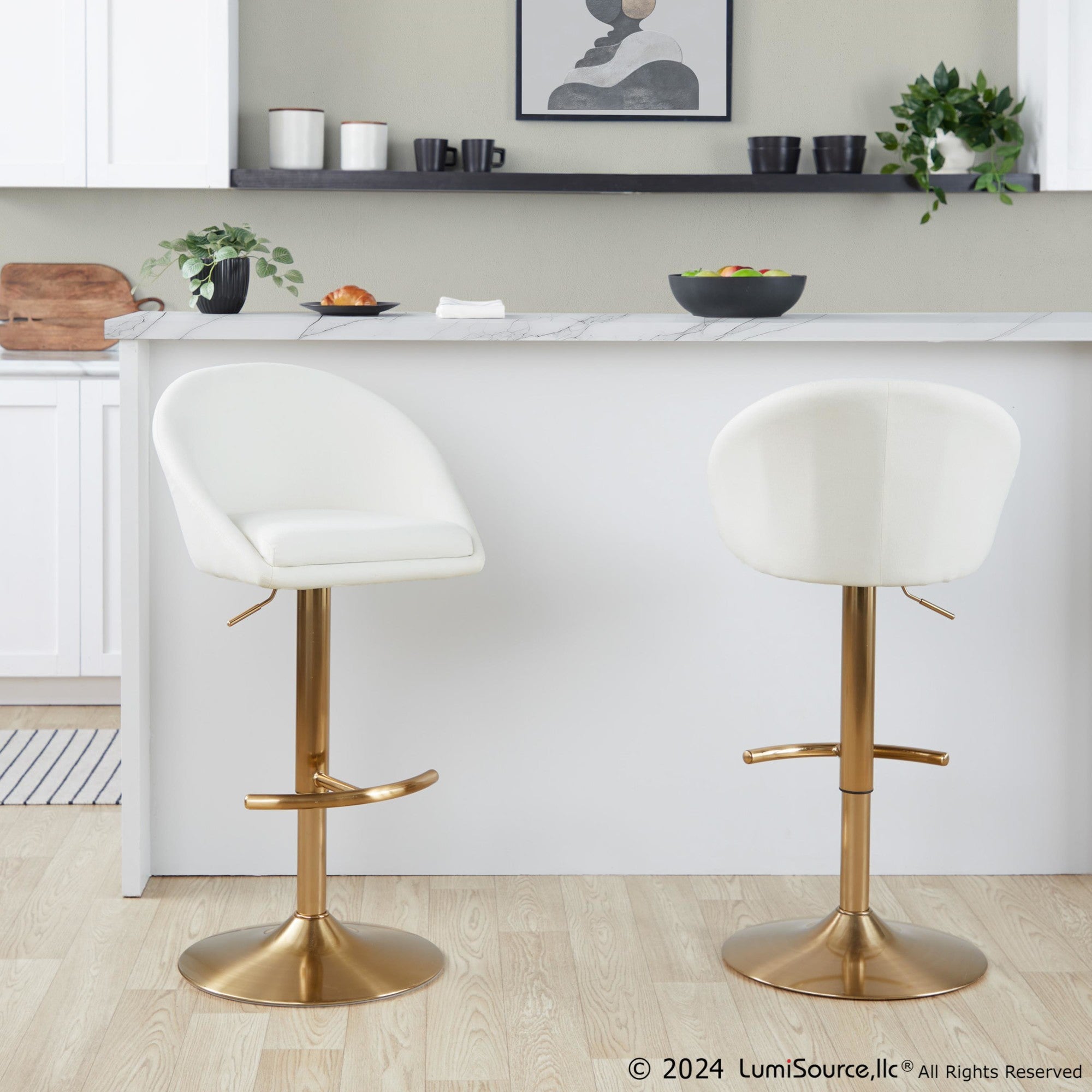 Matisse High Back Adjustable Barstool - Set of 2 - Gold Metal, Cream Fabric