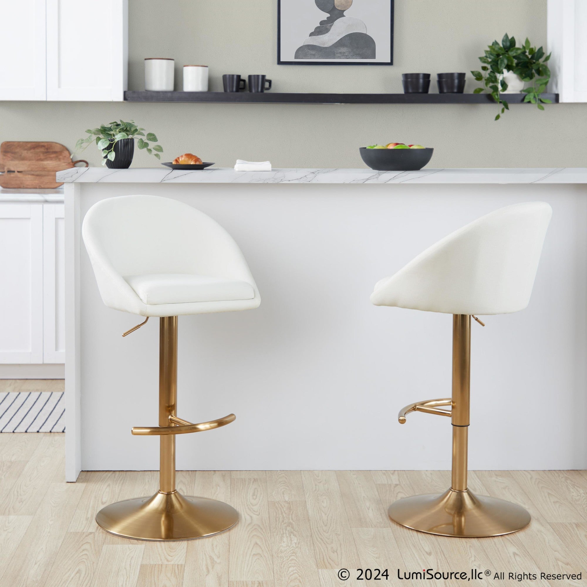Matisse High Back Adjustable Barstool - Set of 2 - Gold Metal, Cream Fabric
