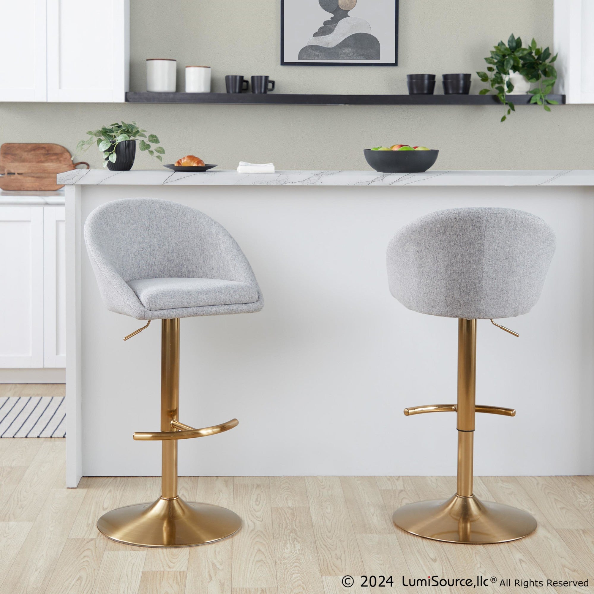 Matisse High Back Adjustable Barstool - Set of 2 - Gold Metal, Grey Fabric