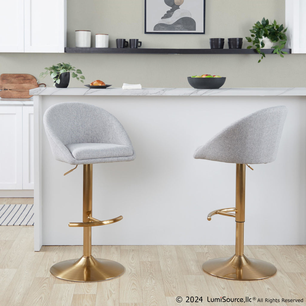 Matisse High Back Adjustable Barstool - Set of 2 - Gold Metal, Grey Fabric