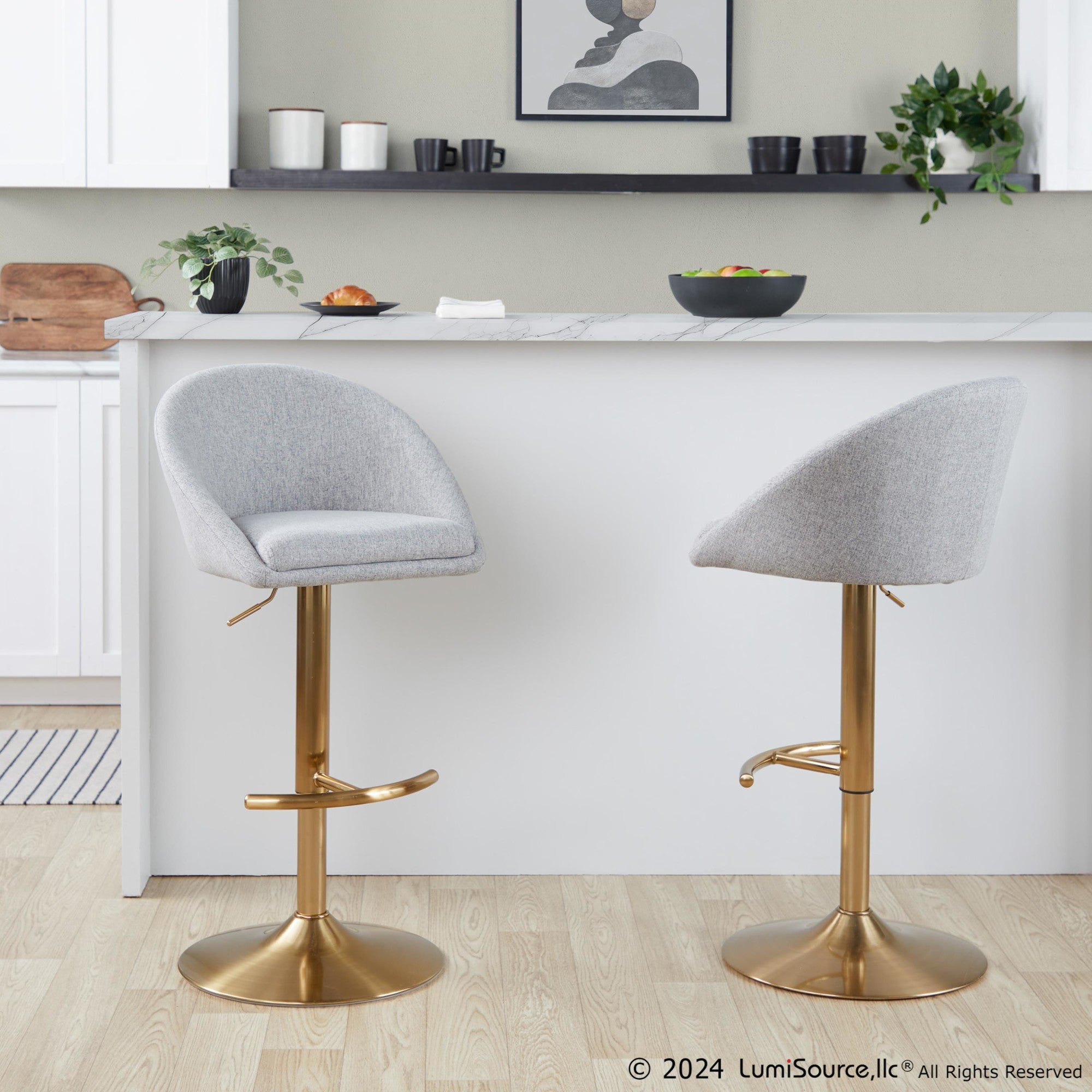 Matisse High Back Adjustable Barstool - Set of 2 - Gold Metal, Grey Fabric