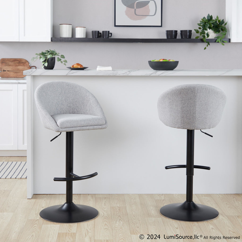 Matisse High Back Adjustable Barstool - Set of 2 - Black Metal, Grey Fabric
