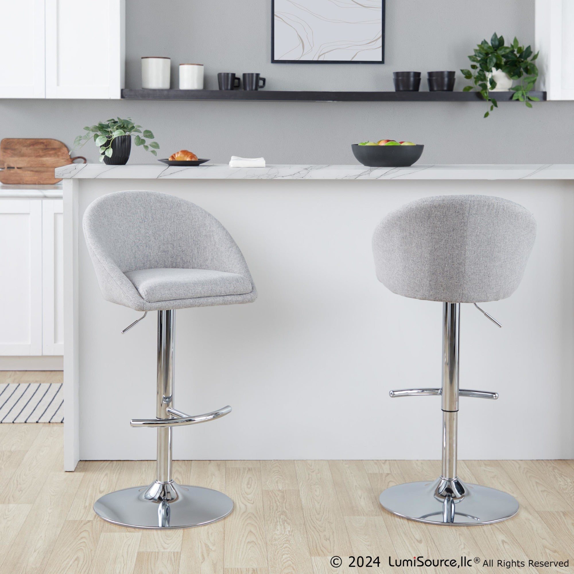 Matisse High Back Adjustable Barstool - Set of 2 - Chrome Metal, Grey Fabric