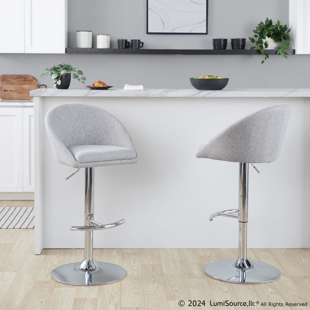 Matisse High Back Adjustable Barstool - Set of 2 - Chrome Metal, Grey Fabric