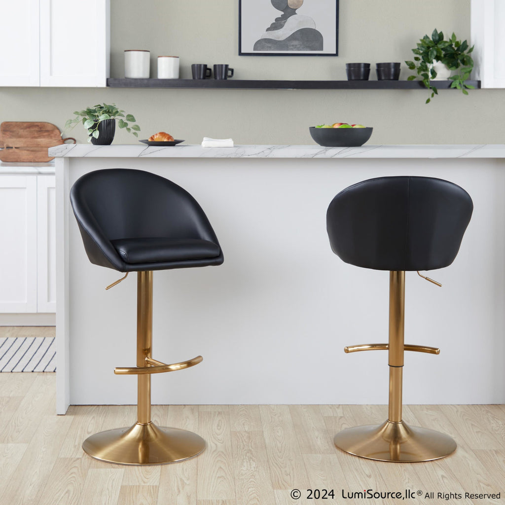 Matisse High Back Adjustable Barstool - Set of 2 - Gold Metal, Black PU