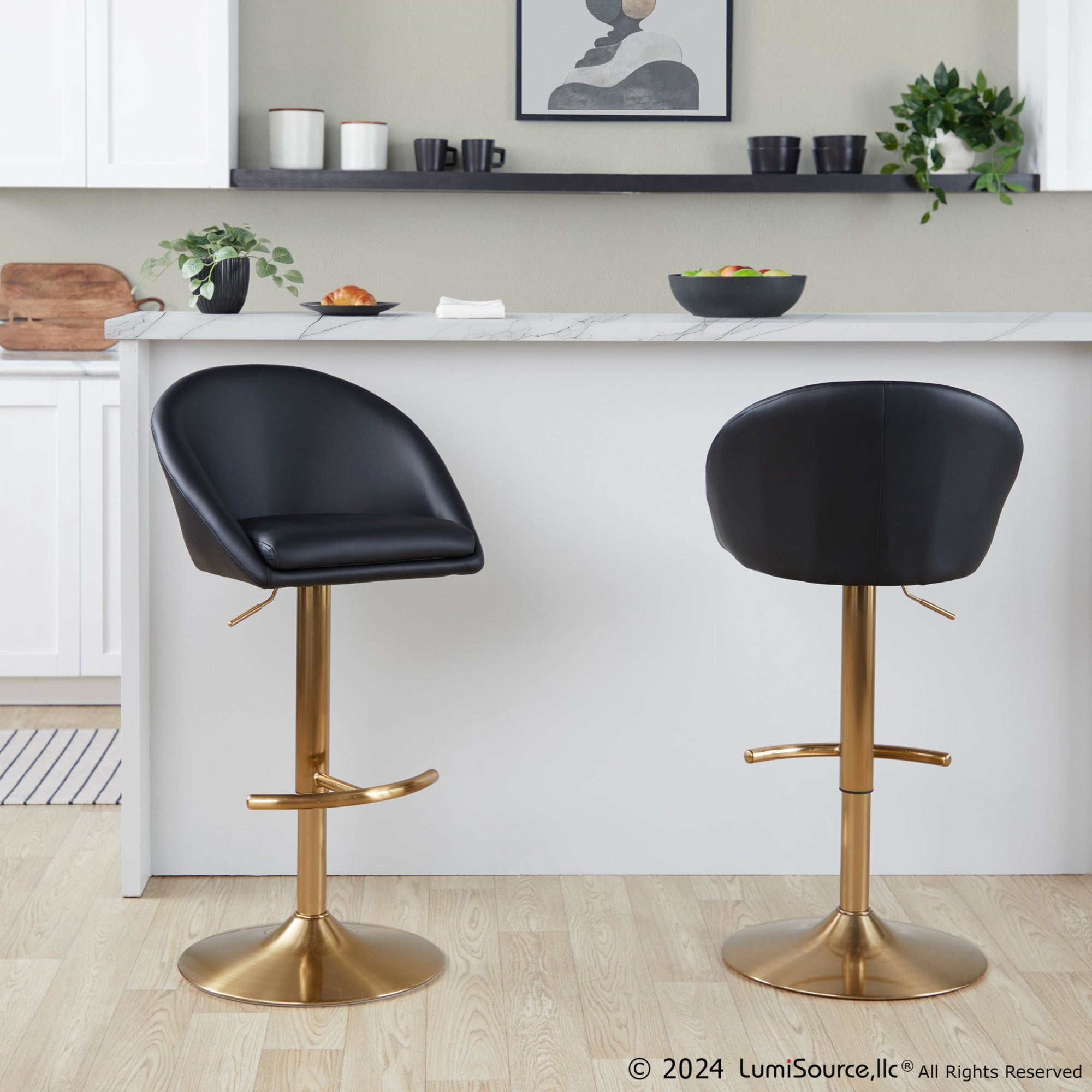 Matisse High Back Adjustable Barstool - Set of 2 - Gold Metal, Black PU