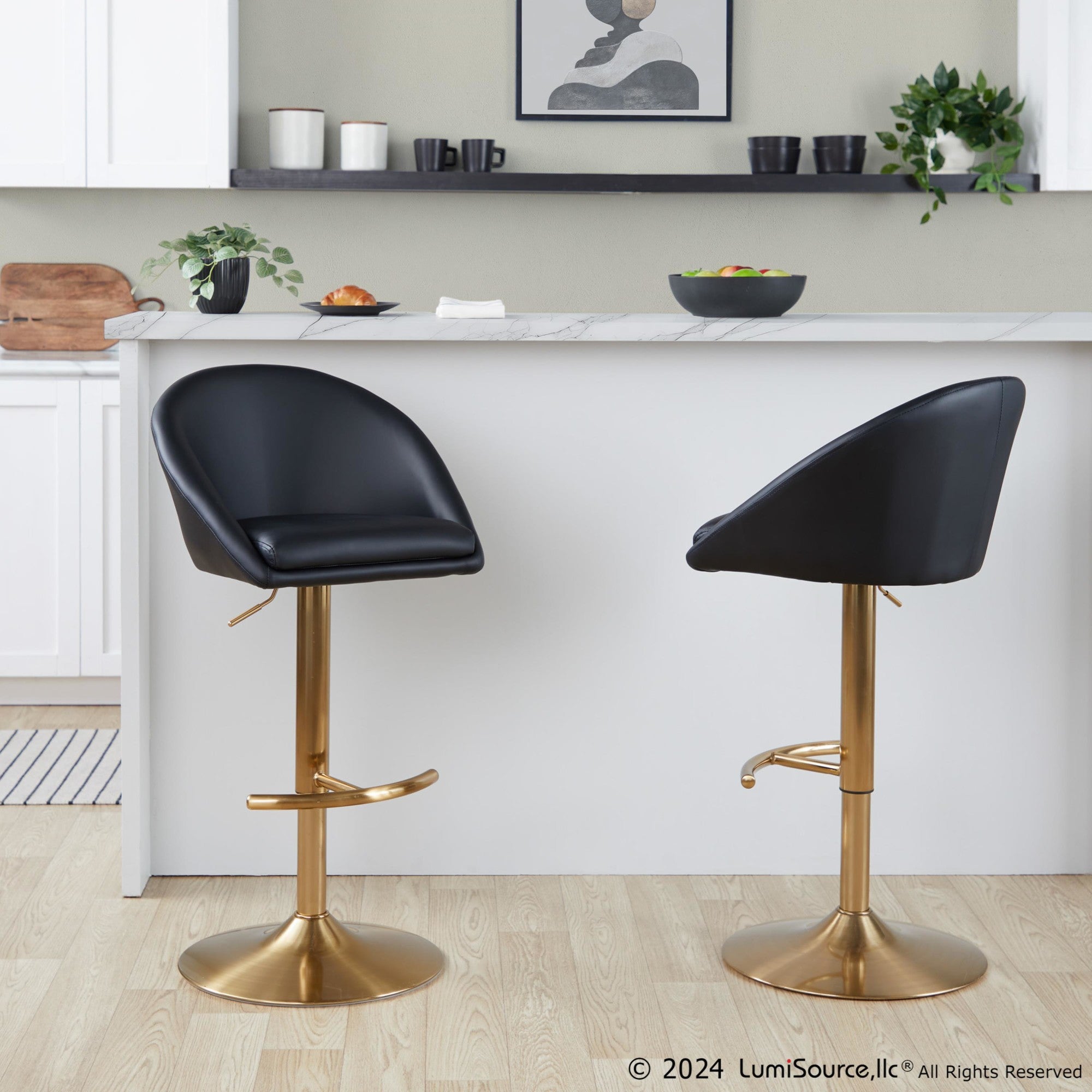 Matisse High Back Adjustable Barstool - Set of 2 - Gold Metal, Black PU
