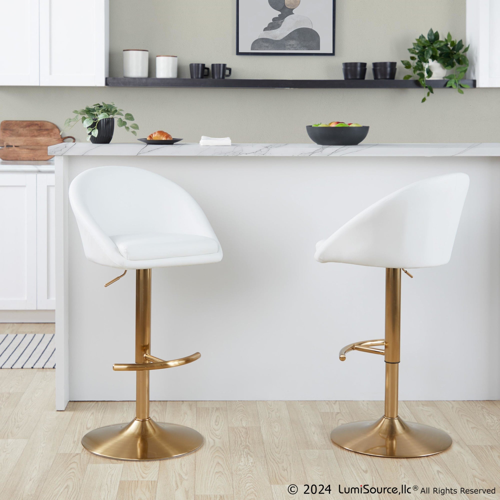 Matisse High Back Adjustable Barstool - Set of 2 - Gold Metal, White PU