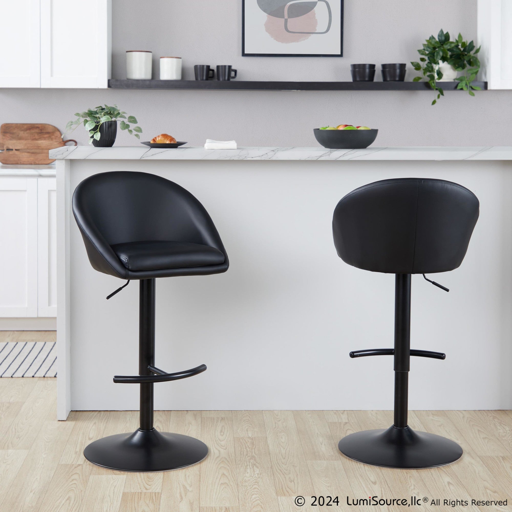 Matisse High Back Adjustable Barstool - Set of 2 - Black Metal, Black PU