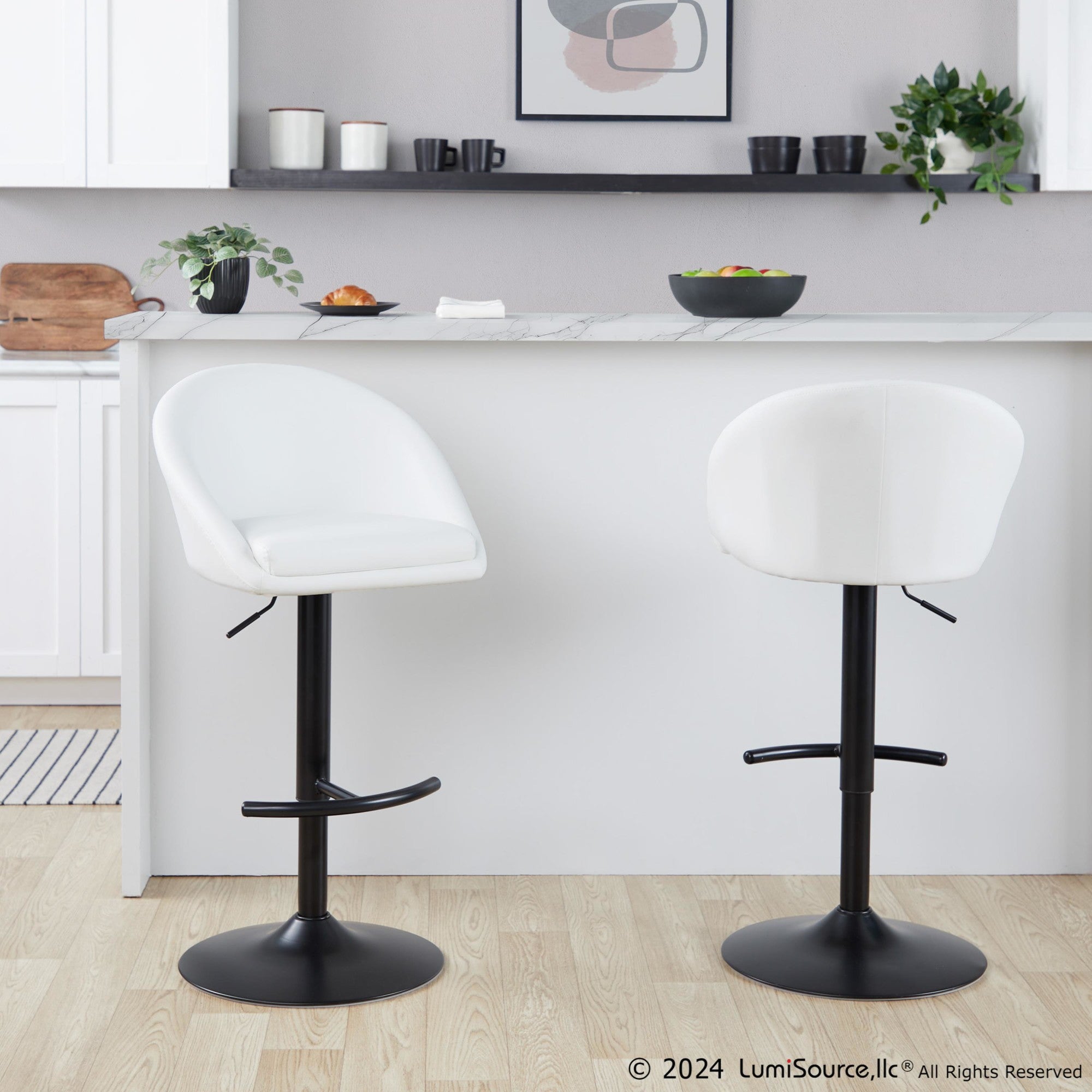 Matisse High Back Adjustable Barstool - Set of 2 - Black Metal, White PU