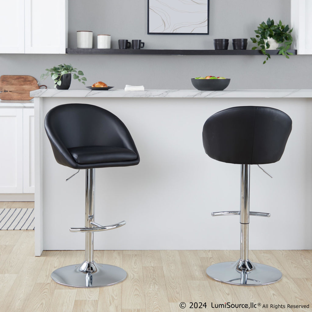 Matisse High Back Adjustable Barstool - Set of 2 - Chrome Metal, Black PU