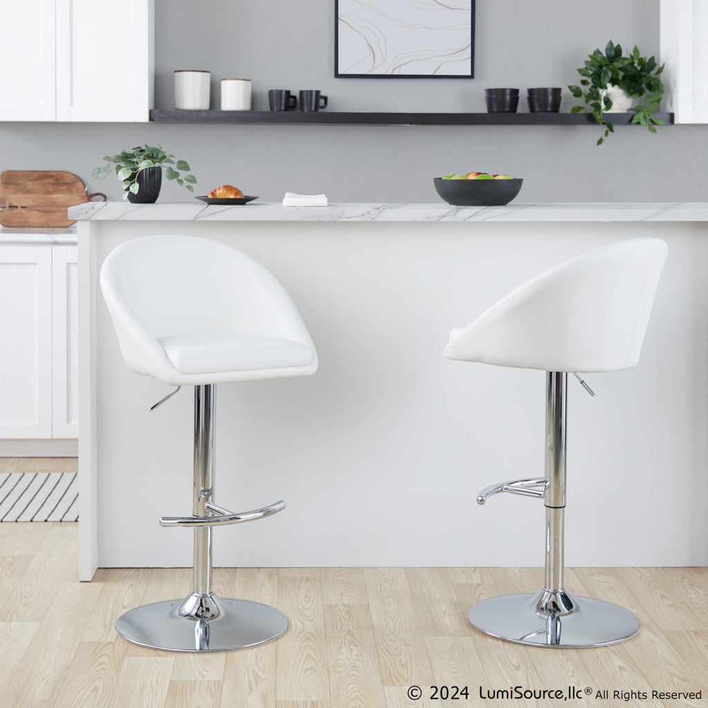 Matisse High Back Adjustable Barstool - Set of 2 - Chrome Metal, White PU