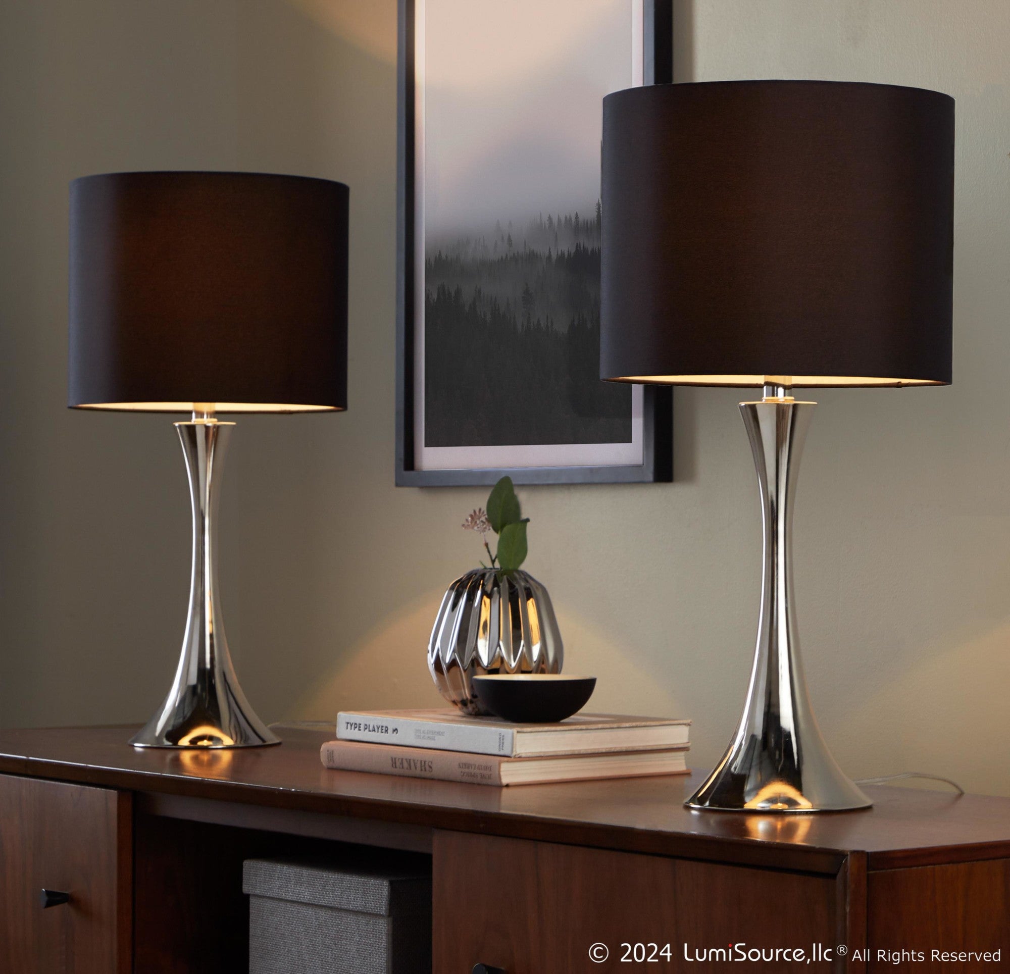 Lenuxe 24" Metal Table Lamp - Set of 2 - Polished Nickel, Black Silk