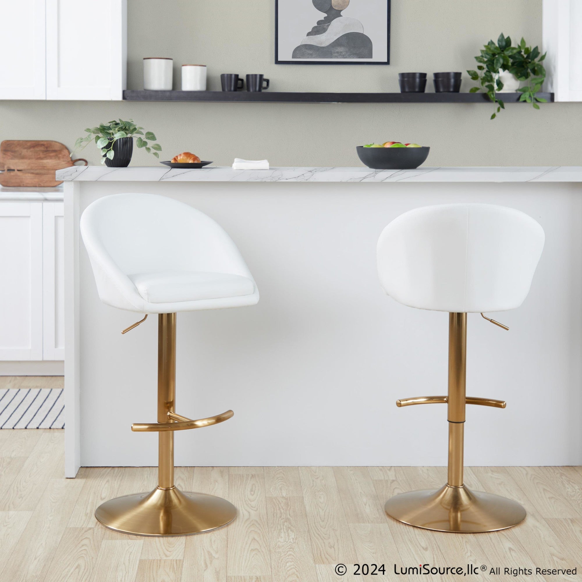 Matisse High Back Adjustable Barstool - Set of 2 - Gold Metal, White PU