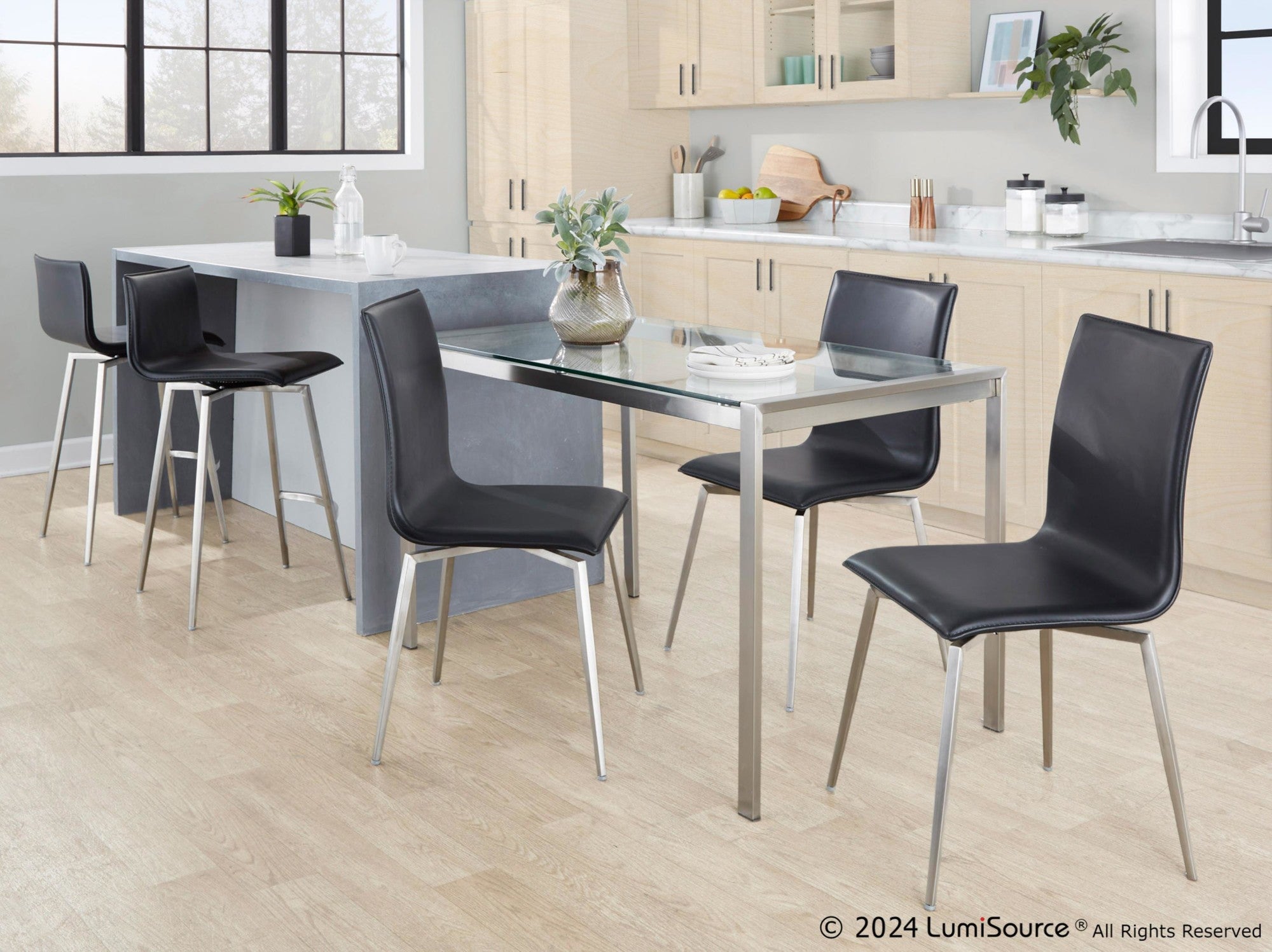 Mara Upholstered 26" Fixed-Height Counter Stool - Set of 2 - Stainless Steel, Black PU