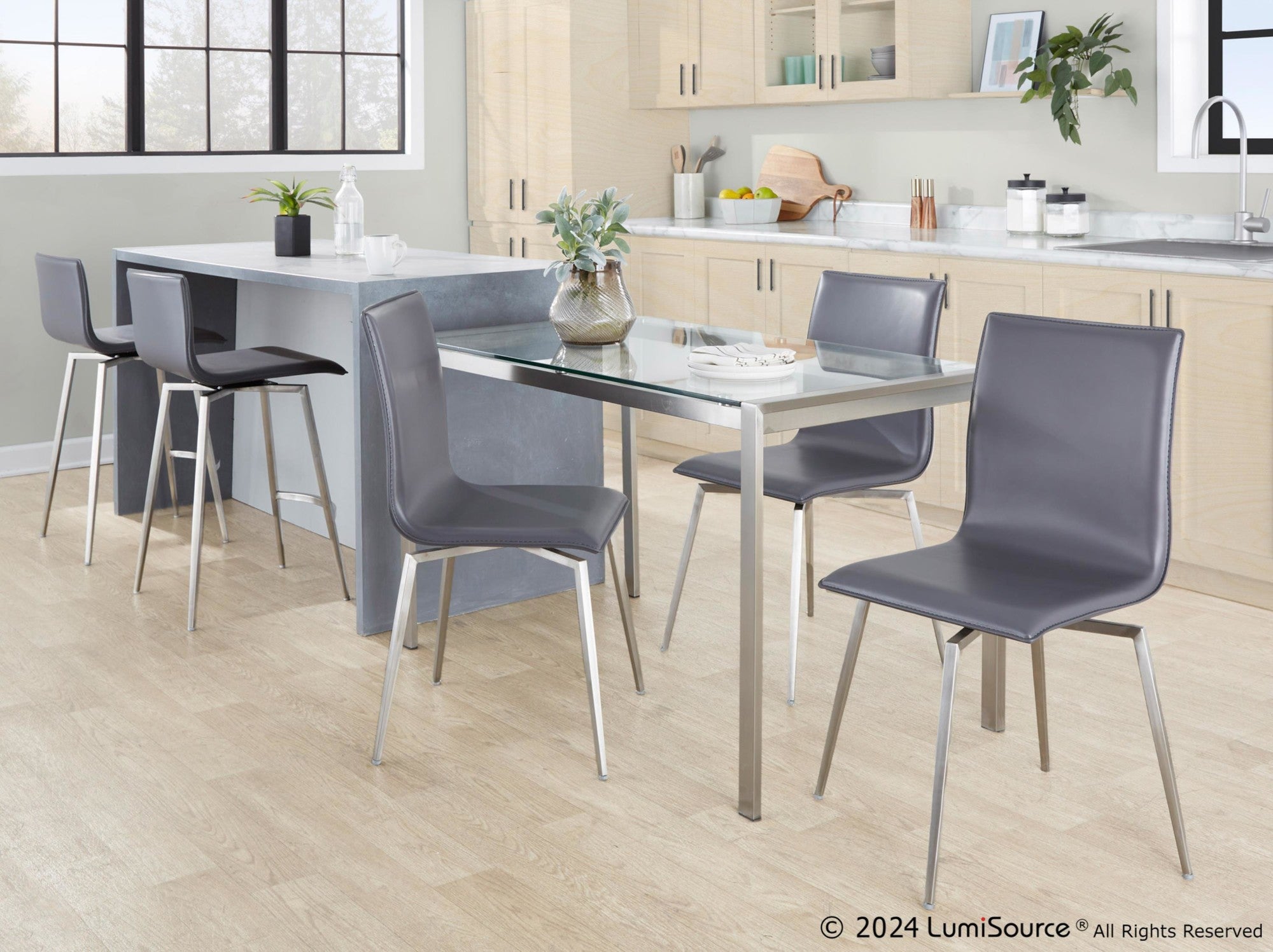 Mara Upholstered 26" Fixed-Height Counter Stool - Set of 2 - Stainless Steel, Grey PU