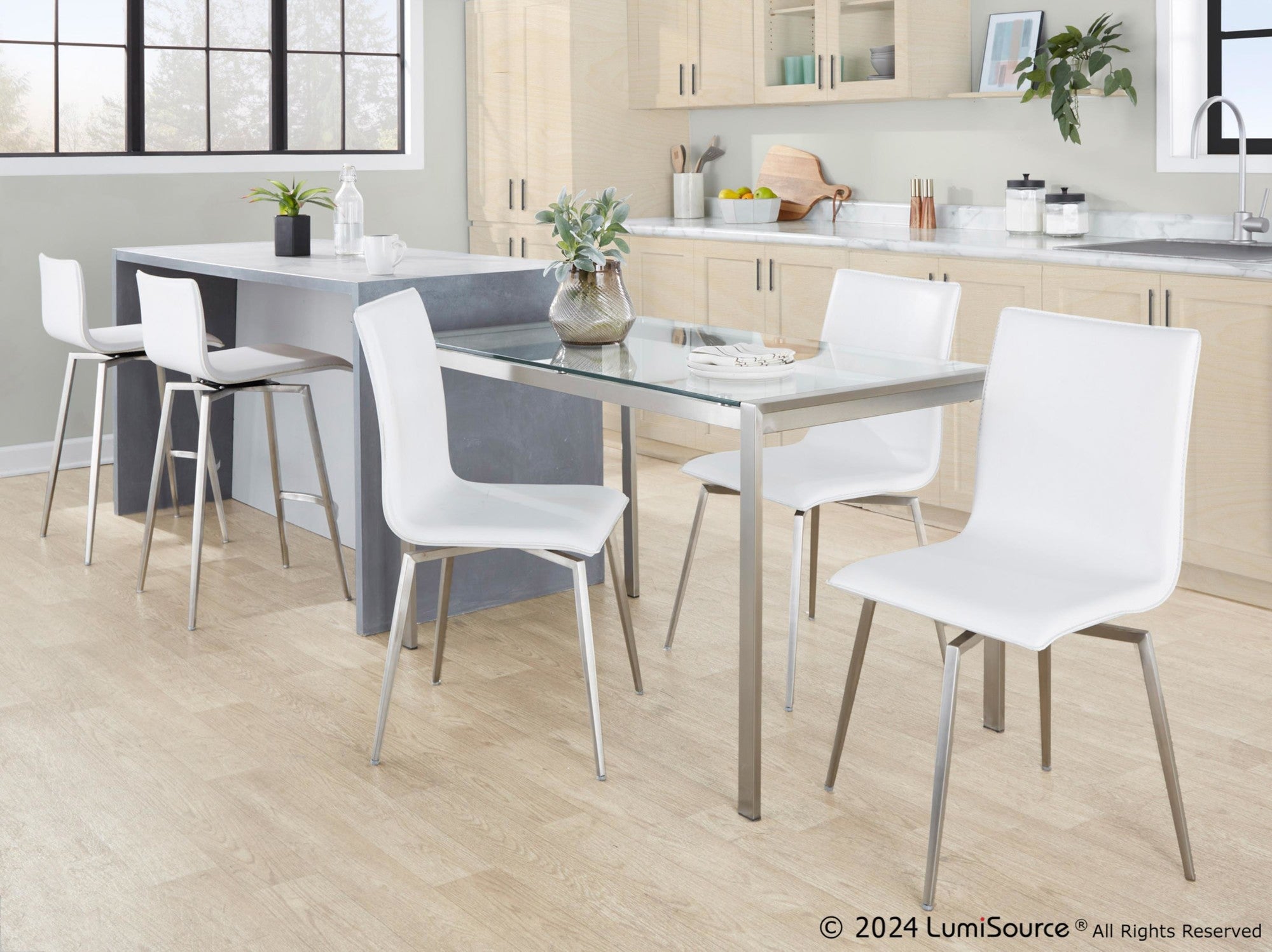 Mara Upholstered 26" Fixed-Height Counter Stool - Set of 2 - Stainless Steel, White PU