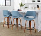 Fabrico 26" Fixed-Height Counter Stool - Set of 3 - Walnut Wood, Blue Noise Fabric, Black Metal