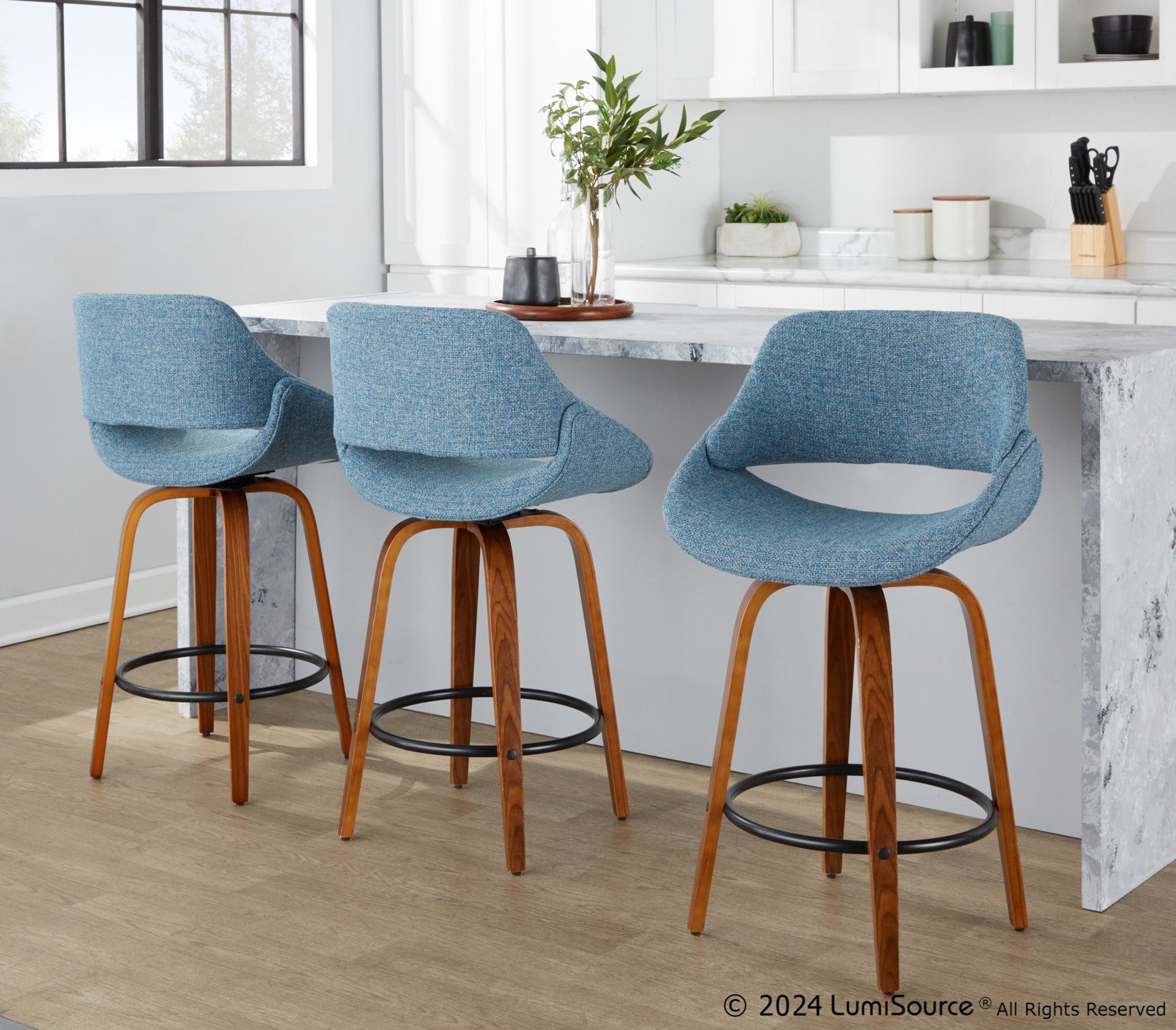 Fabrico 26" Fixed-Height Counter Stool - Set of 3 - Walnut Wood, Blue Noise Fabric, Black Metal