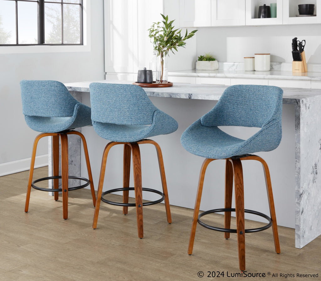 Fabrico 26" Fixed-Height Counter Stool - Set of 3 - Walnut Wood, Blue Noise Fabric, Black Metal