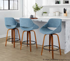 Fabrico 26" Fixed-Height Counter Stool - Set of 3 - Walnut Wood, Blue Noise Fabric, Black Metal
