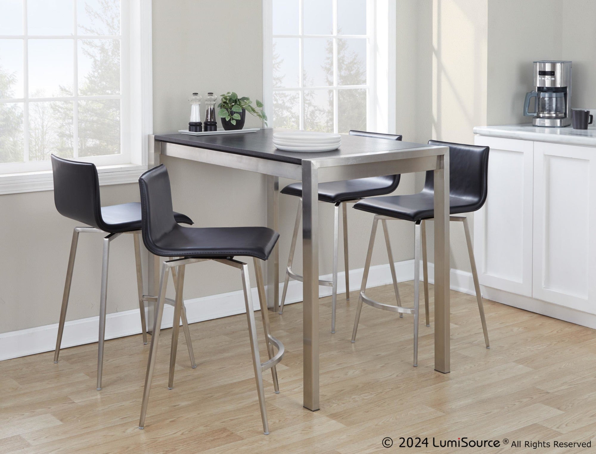 Mara Upholstered 26" Fixed-Height Counter Stool - Set of 2 - Stainless Steel, Black PU