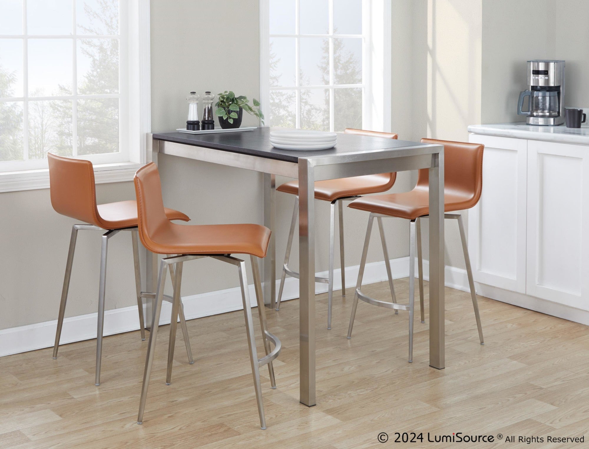 Mara Upholstered 26" Fixed-Height Counter Stool - Set of 2 - Stainless Steel, Camel PU