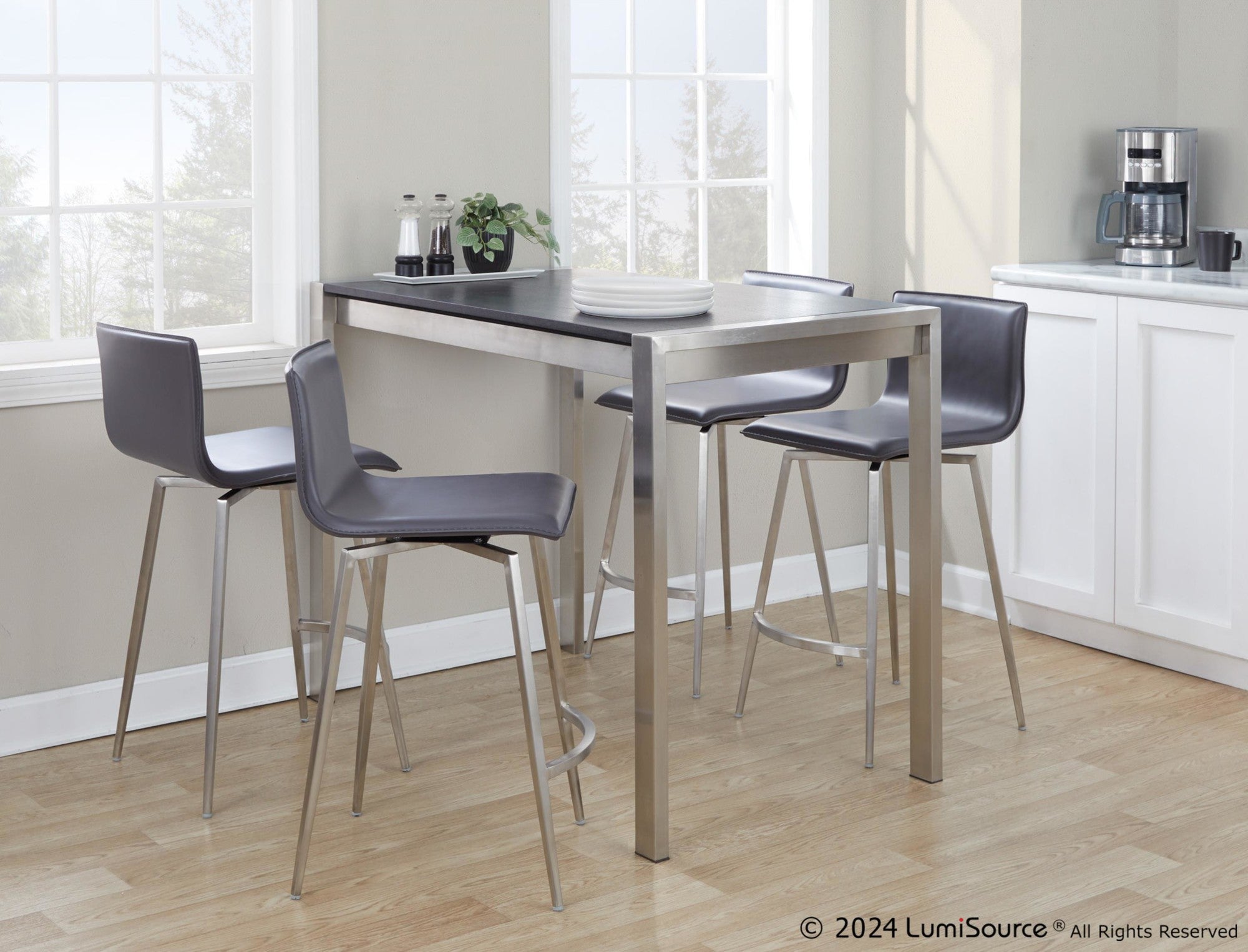 Mara Upholstered 26" Fixed-Height Counter Stool - Set of 2 - Stainless Steel, Grey PU