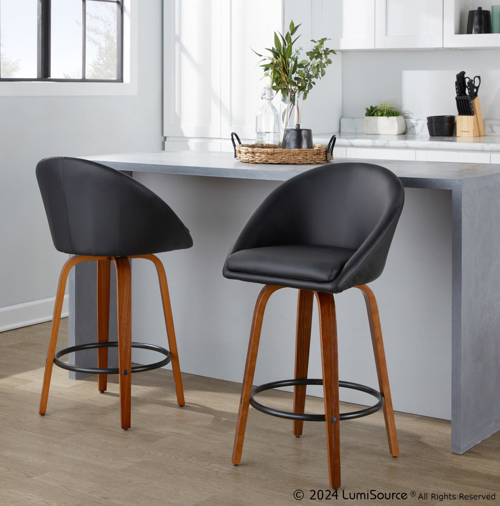 Matisse High Back 26" Fixed-Height Counter Stool - Set of 2 - Walnut Wood, Black PU, Black Metal