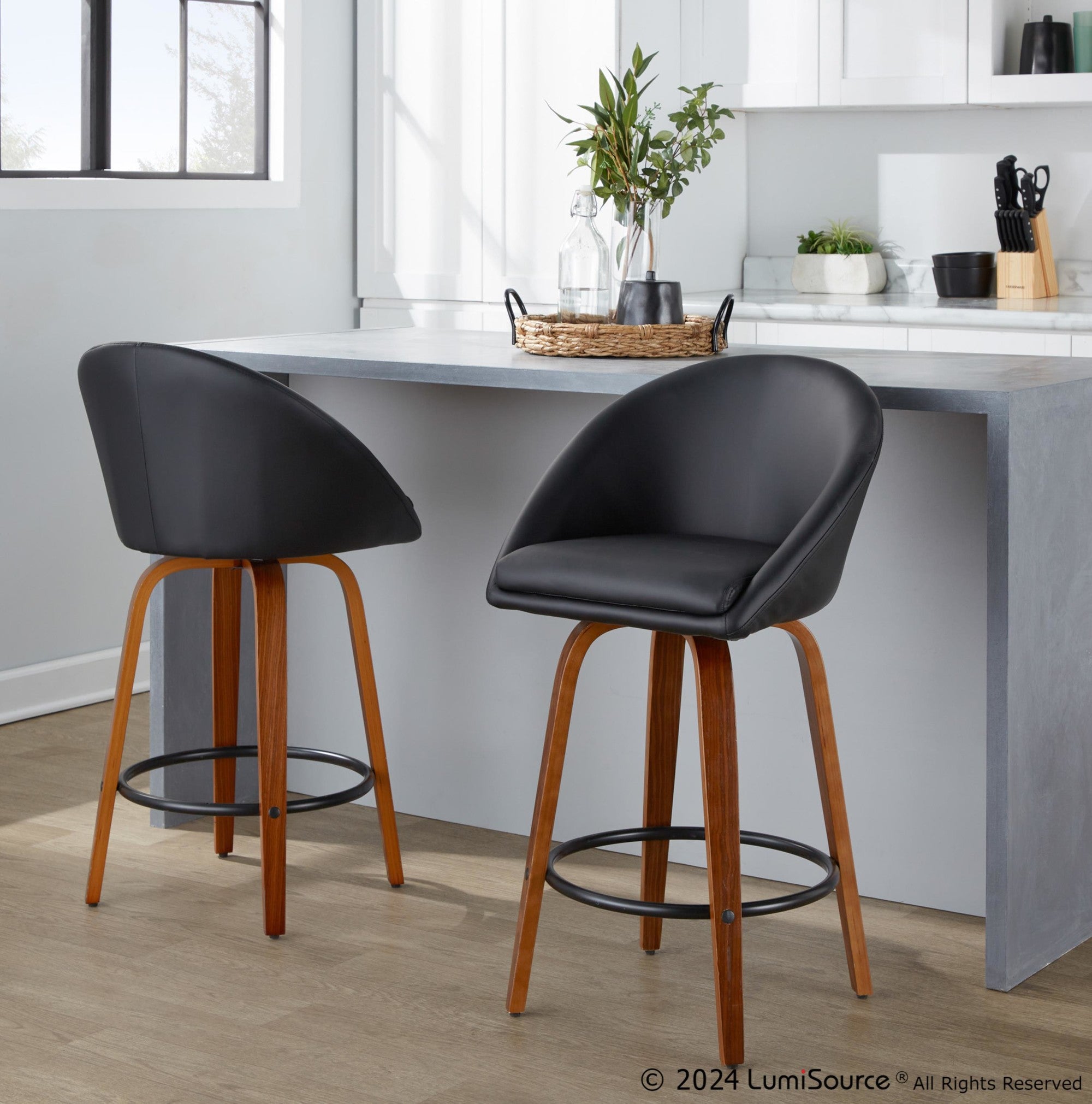 Matisse High Back 26" Fixed-Height Counter Stool - Set of 2 - Walnut Wood, Black PU, Black Metal