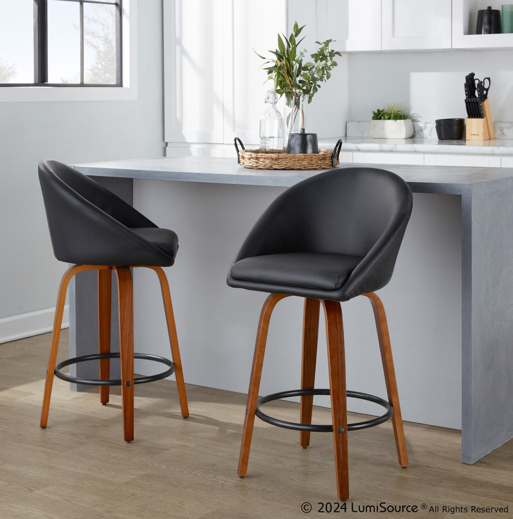 Matisse High Back 26" Fixed-Height Counter Stool - Set of 2 - Walnut Wood, Black PU, Black Metal