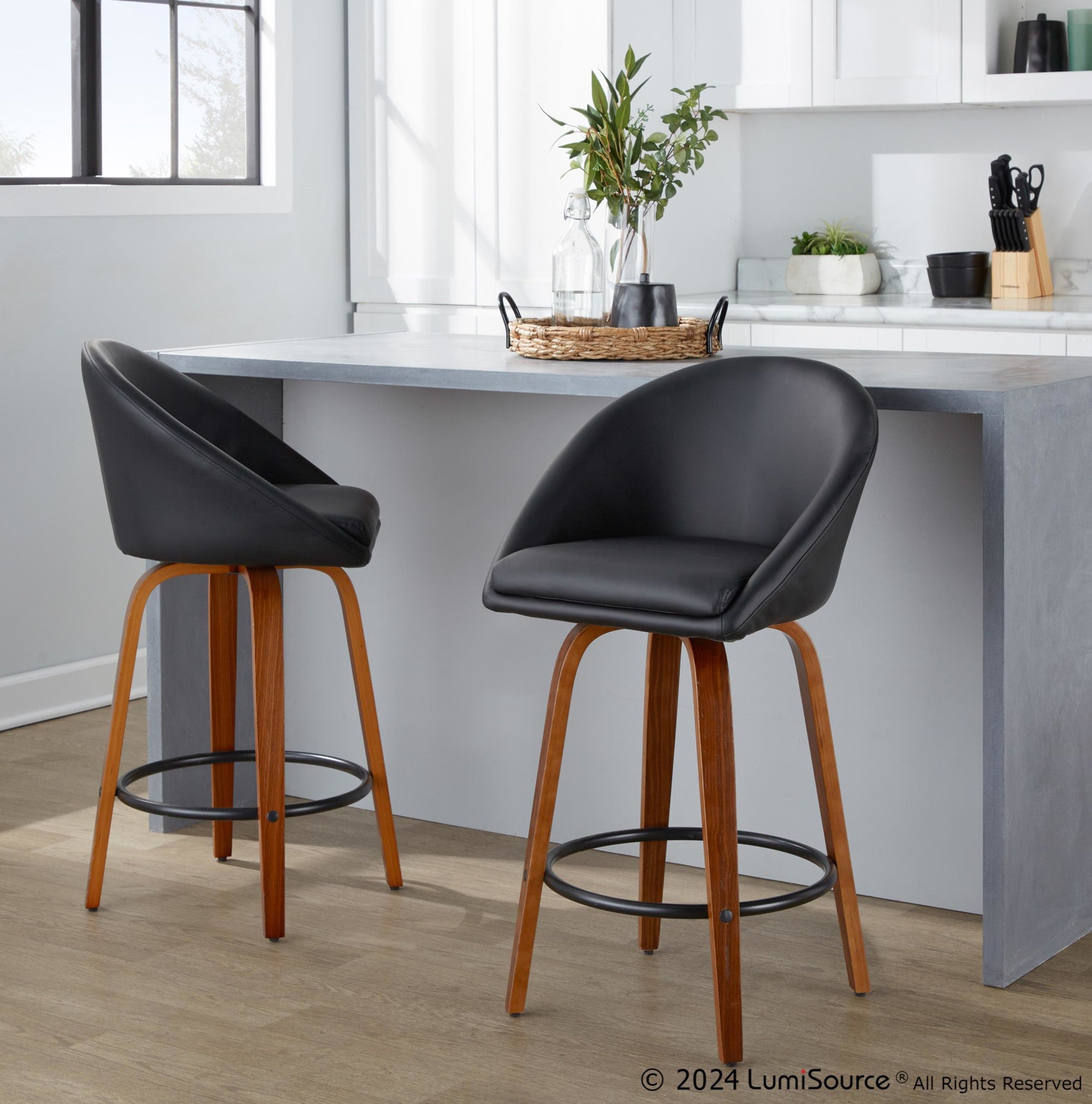Matisse High Back 26" Fixed-Height Counter Stool - Set of 2 - Walnut Wood, Black PU, Black Metal
