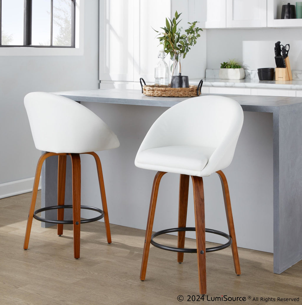 Matisse High Back 26" Fixed-Height Counter Stool - Set of 2 - Walnut Wood, White PU, Black Metal